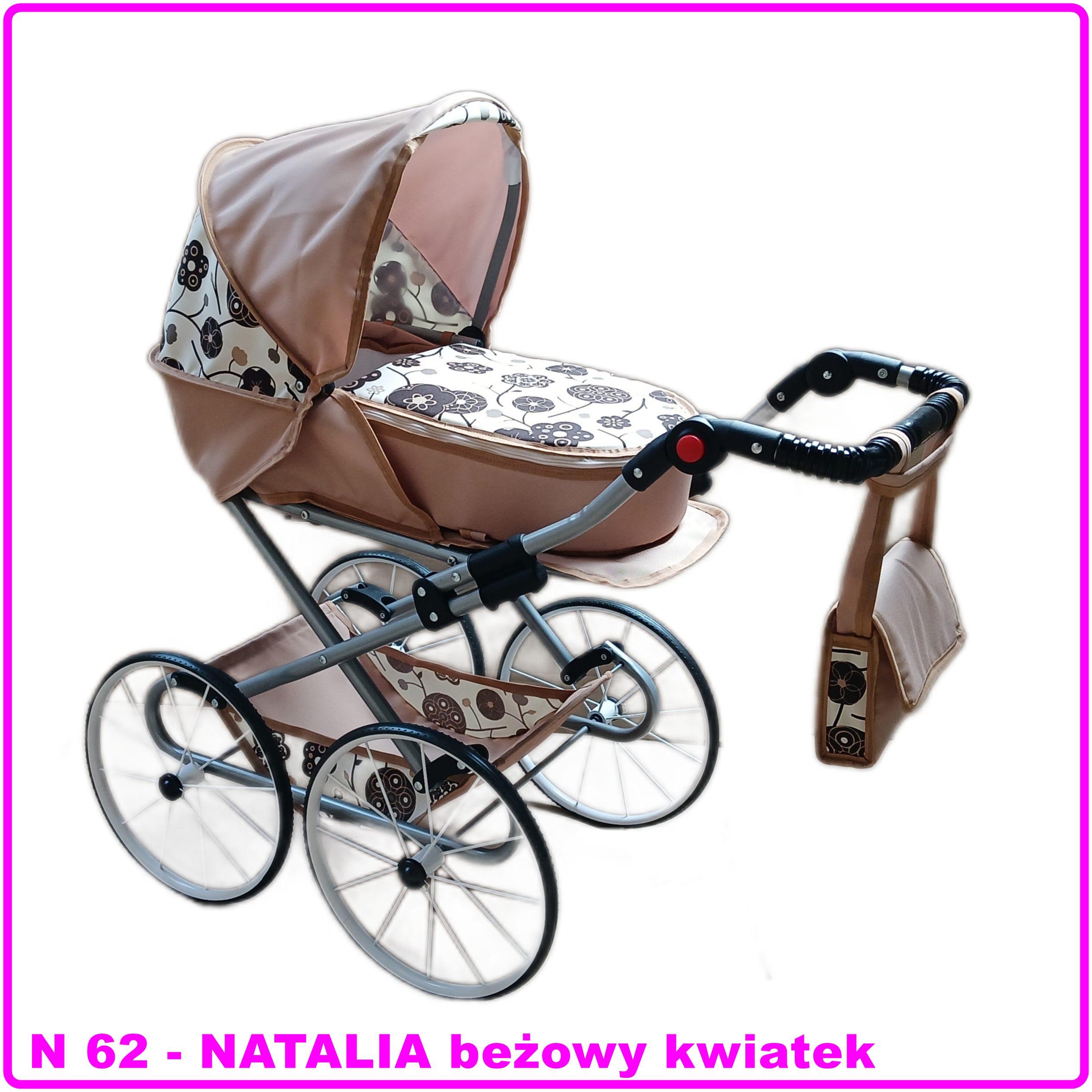 Wózek dla lalek głęboko-spacerowy NATALIA RETRO N beżowe kwiaty