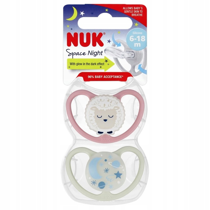 NUK 736619 Smoczek 6-18m silikon SPACE NIGHT 2 szt.